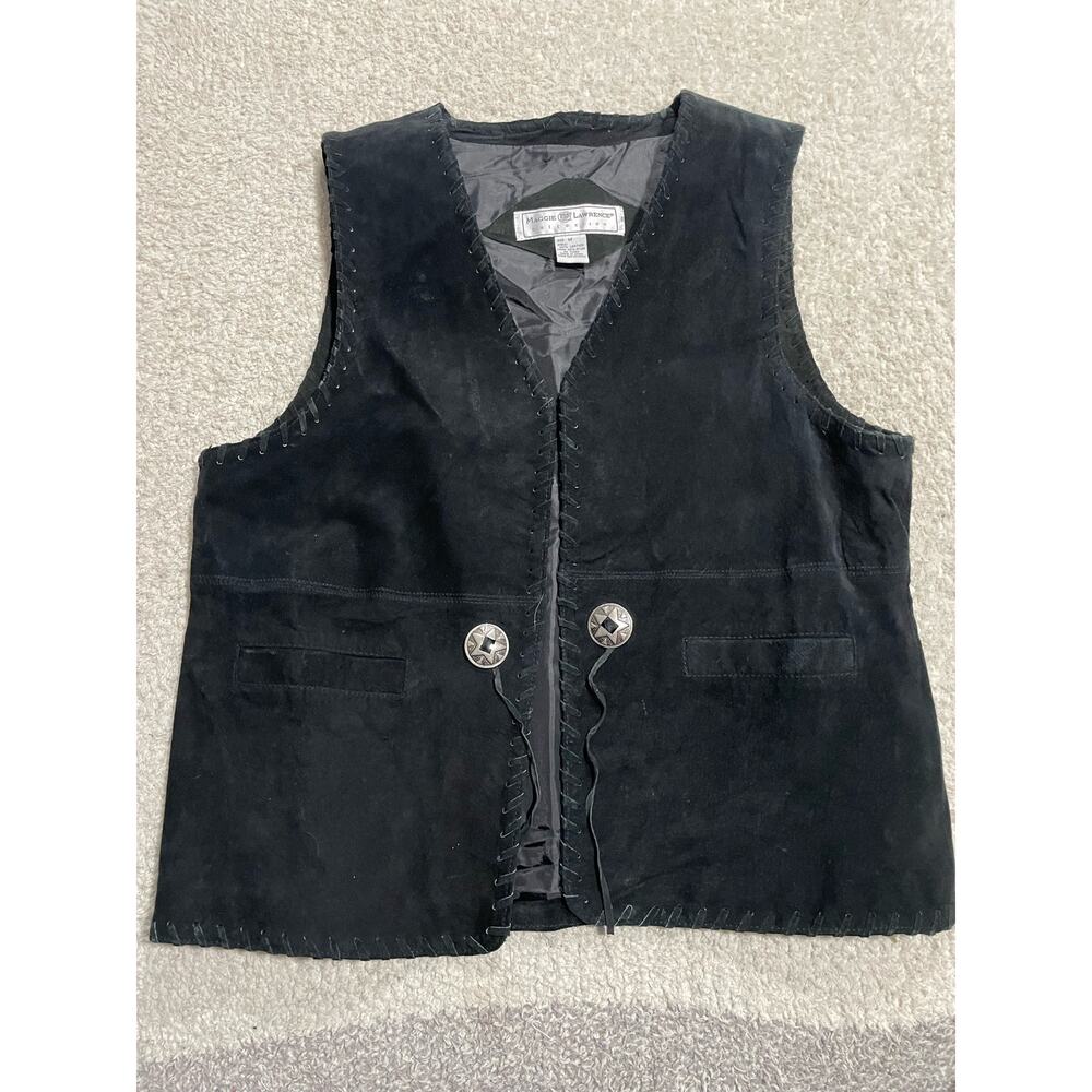 Maggie Lawrence Collection Vest Suede Leather Womens Medium Stitched Trim Black